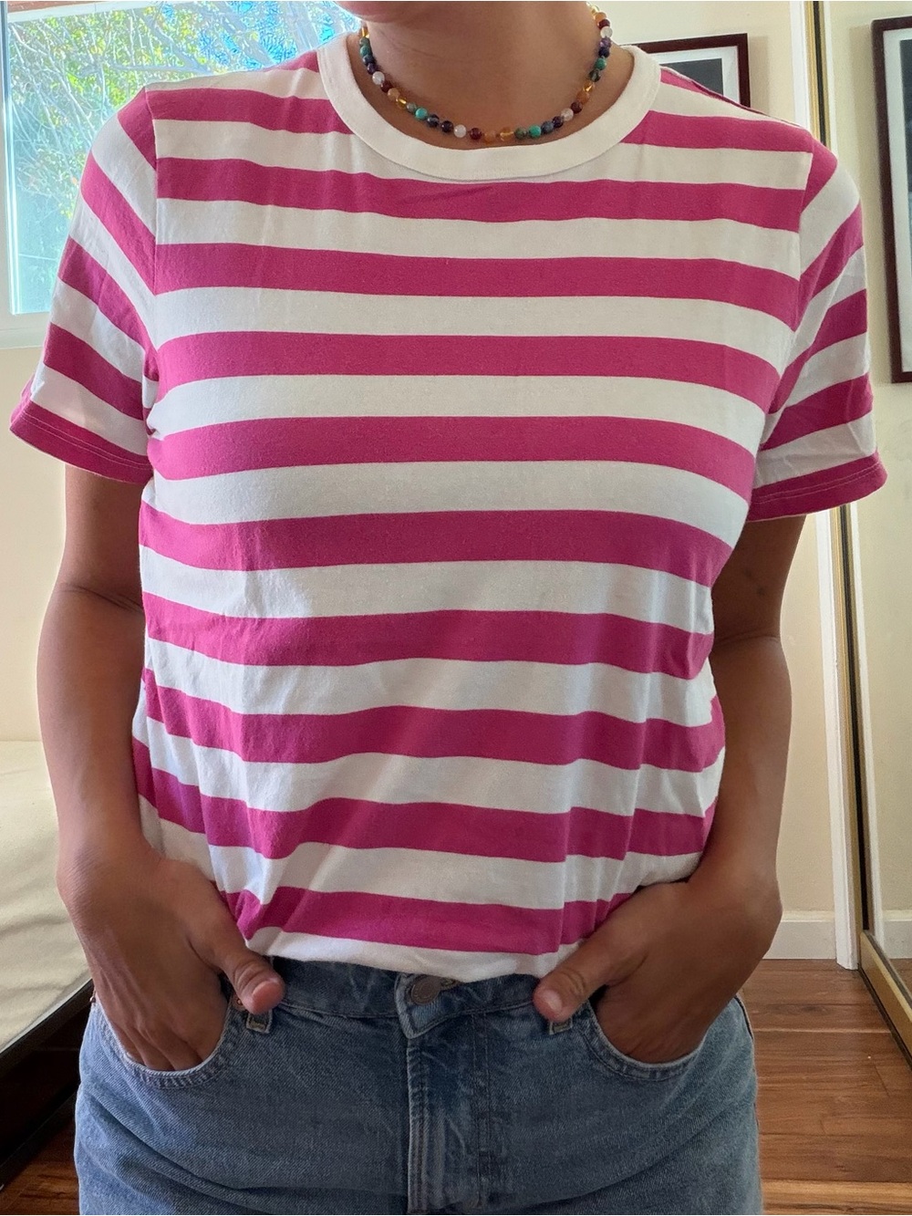 Old Navy 100% Cotton White and Magenta Striped Short Sleeve Tee